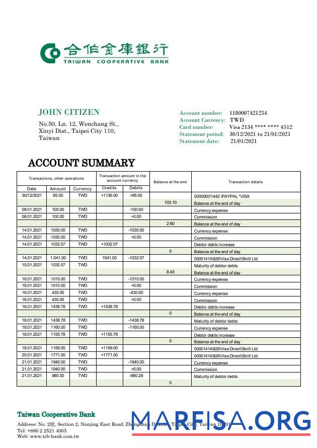 Downloadable Taiwan Cooperative bank statement word template